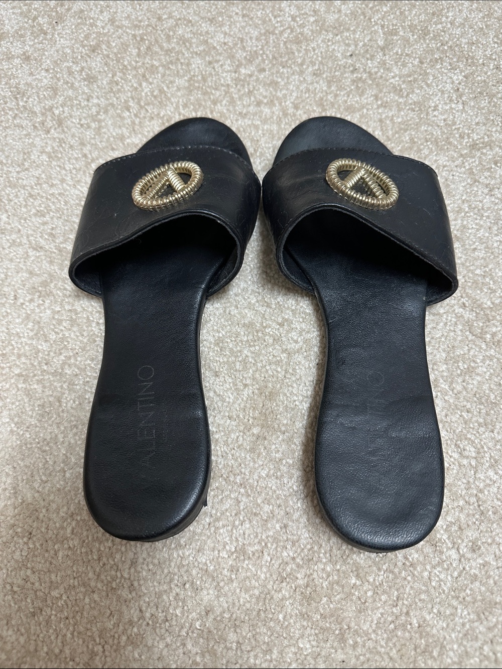 Valentino Black Leather Slide Sandals with Gold Rope Medallions